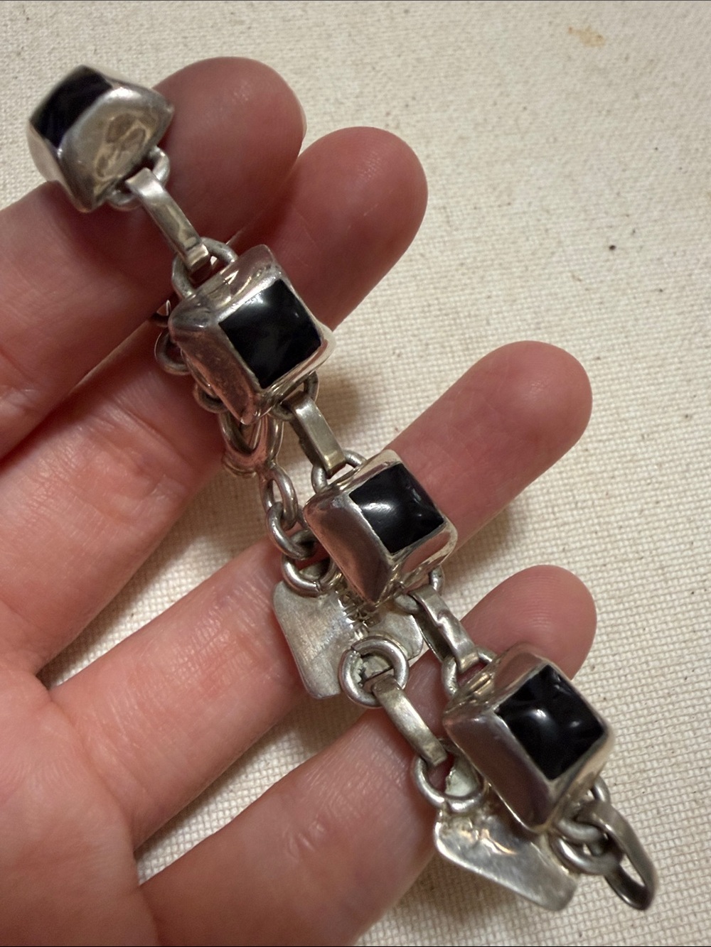 Sterling Silver 925 Mexico Black Onyx Link Bracelet 7.5’ inch